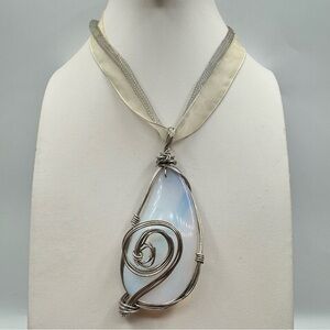 Beautiful Hand Wrapped Opalite Teardrop Pendant Ribbon Choker Necklace Artisan